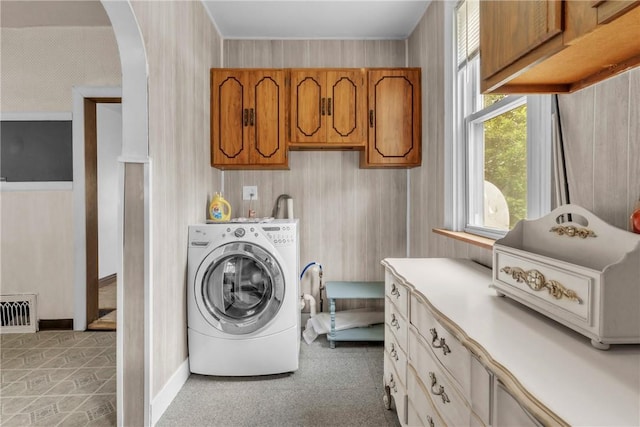 104 Highland Ave, Avella, PA 15312 - washroom with washer / dryer, cabinet space, arched walkways, and wallpapered walls