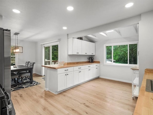 537 Ambridge Ave, Leet Twp, PA 15003 - kitchen featuring wooden counters, white cabinets, light wood-style floors, recessed lighting, and pendant lighting