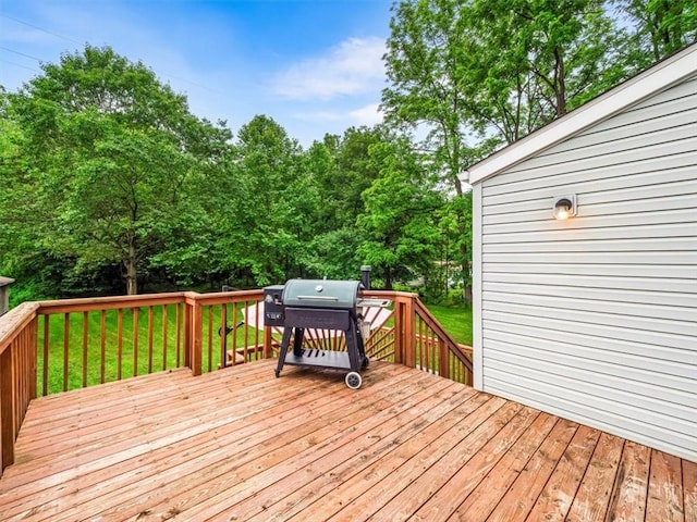 537 Ambridge Ave, Leet Twp, PA 15003 - wooden terrace featuring a grill, a lawn, and view of wooded area