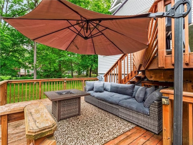 537 Ambridge Ave, Leet Twp, PA 15003 - wooden terrace featuring stairway and an outdoor living space with a fire pit
