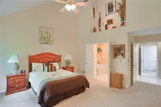 143 Hampshire Dr, Cranberry Twp, PA 16066 - bedroom featuring high vaulted ceiling, carpet flooring, connected bathroom, and a ceiling fan