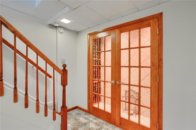 143 Hampshire Dr, Cranberry Twp, PA 16066 - doorway featuring french doors, stairs, carpet floors, and a drop ceiling