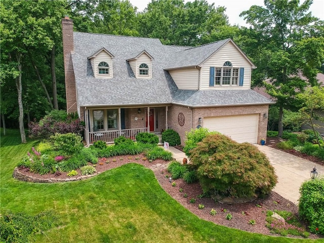 143 Hampshire Dr, Cranberry Twp, PA 16066 - cape cod home featuring covered porch, a chimney, a garage, a shingled roof, and brick siding