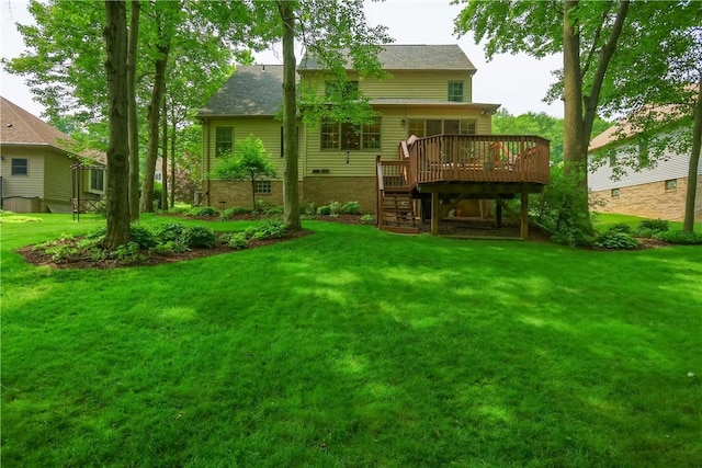 143 Hampshire Dr, Cranberry Twp, PA 16066 - rear view of house with a wooden deck, stairway, a yard, and roof with shingles