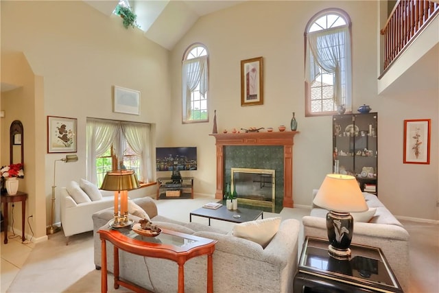 143 Hampshire Dr, Cranberry Twp, PA 16066 - carpeted living area with high vaulted ceiling, plenty of natural light, and a fireplace