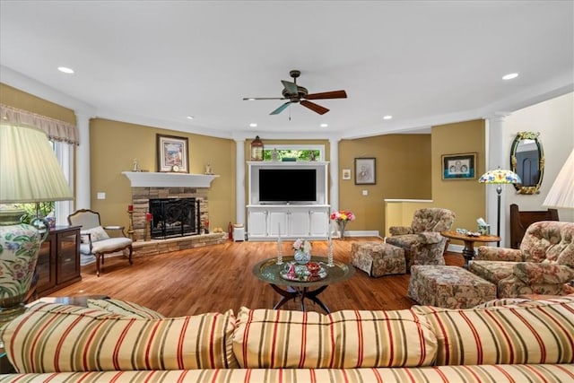912 Field Club Rd, Ohara, PA 15238 - living area featuring ceiling fan, wood finished floors, a fireplace, and recessed lighting