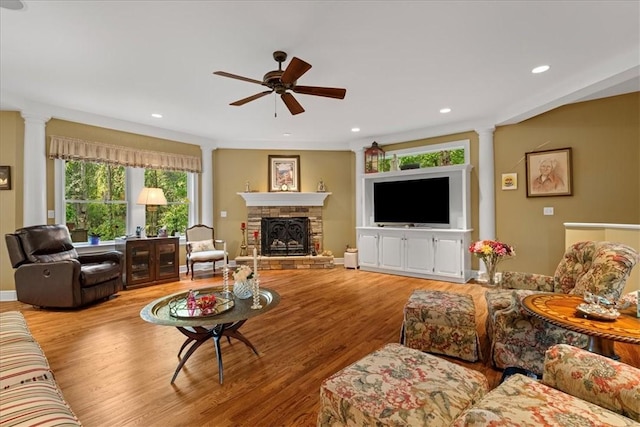 912 Field Club Rd, Ohara, PA 15238 - living area featuring decorative columns, a fireplace, a ceiling fan, wood finished floors, and recessed lighting