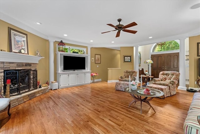 912 Field Club Rd, Ohara, PA 15238 - living area featuring ornate columns, ceiling fan, light wood-style floors, and recessed lighting