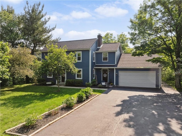 812 Franklin Rd, Pine Twp Nal, PA 16046 - view of front facade with asphalt driveway, a chimney, a garage, and a front lawn