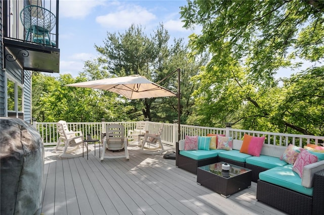 812 Franklin Rd, Pine Twp Nal, PA 16046 - wooden deck featuring outdoor lounge area, area for grilling, outdoor dining area, and view of scattered trees