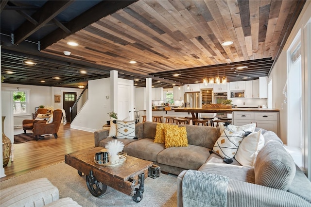 812 Franklin Rd, Pine Twp Nal, PA 16046 - living room featuring wood finished floors, stairs, wooden ceiling, and recessed lighting