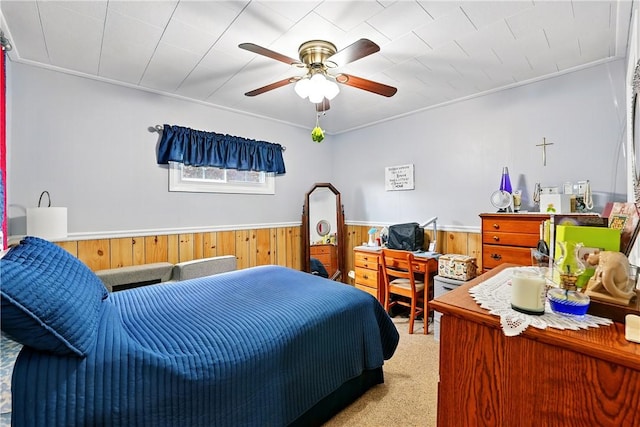 1029 N Water Ave, Hermitage, PA 16148 - bedroom with carpet flooring, wainscoting, wood walls, and ceiling fan