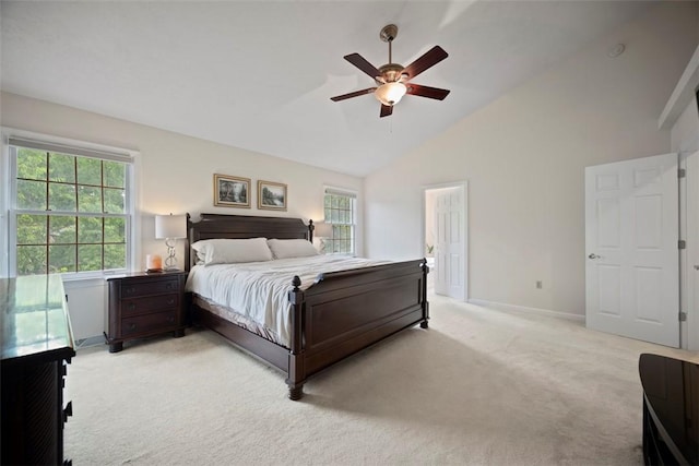 7052 Bennington Woods Dr, Mccandless, PA 15237 - bedroom featuring multiple windows, light carpet, high vaulted ceiling, and ceiling fan