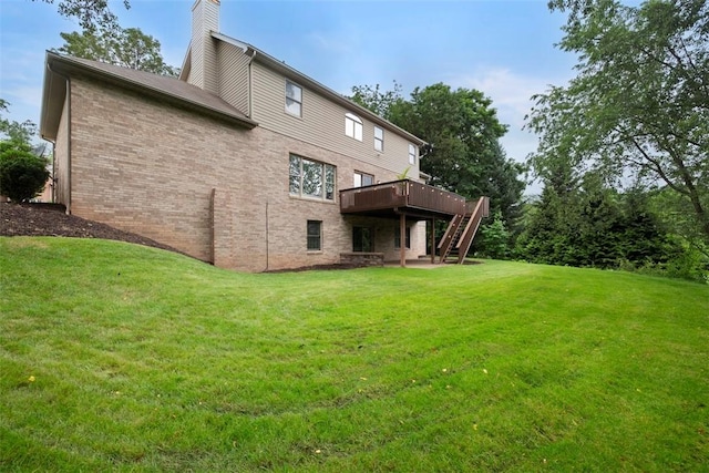 7052 Bennington Woods Dr, Mccandless, PA 15237 - rear view of property with stairway, a wooden deck, brick siding, a chimney, and a lawn