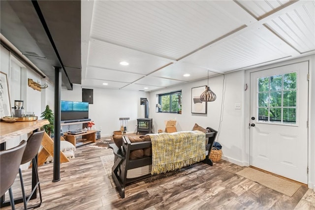 4047 Crestwood Dr, West Deer, PA 15044 - living area with a wood stove, wood finished floors, and recessed lighting