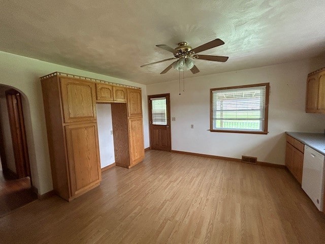 300 6th Ave, New Eagle, PA 15067 - kitchen featuring dishwasher, light wood finished floors, ceiling fan, and arched walkways