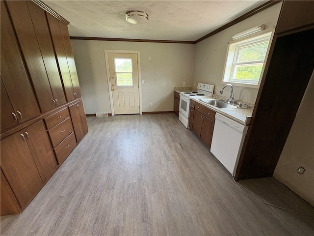 114 Cardinal Rd, Canoe/Banks Twps, PA 15742 - kitchen with white appliances, light wood-type flooring, ornamental molding, and light countertops