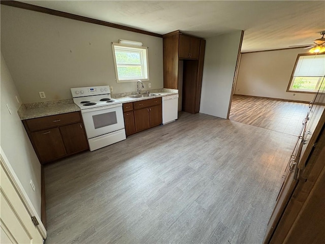 114 Cardinal Rd, Canoe/Banks Twps, PA 15742 - kitchen with white appliances, light wood-style flooring, light countertops, crown molding, and open floor plan