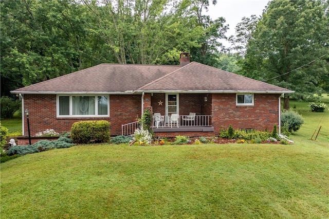 371 Leech Rd, Sugar Grove Twp, PA 16125 - ranch-style house featuring a chimney, a front lawn, brick siding, and a porch