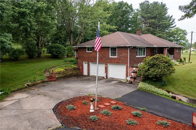371 Leech Rd, Sugar Grove Twp, PA 16125 - view of side of home featuring driveway, a garage, brick siding, a lawn, and a chimney