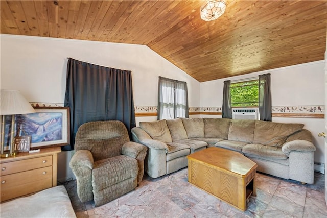 119 Taylor Rd, Quemahoning Twp, PA 15541 - living area featuring wooden ceiling, cooling unit, vaulted ceiling, marble look tiles, and crown molding