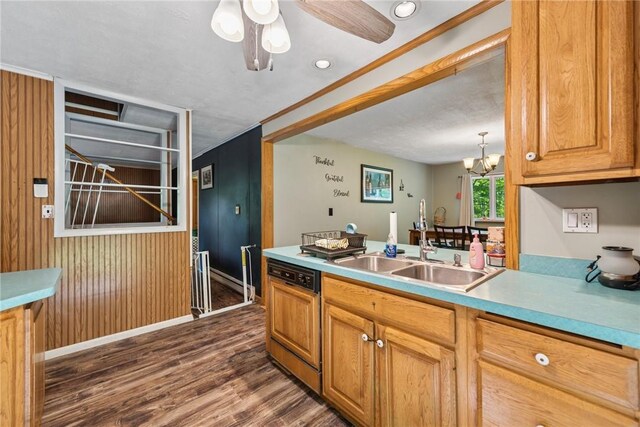 119 Taylor Rd, Quemahoning Twp, PA 15541 - kitchen featuring dark wood-style flooring, dishwasher, light countertops, a chandelier, and a ceiling fan