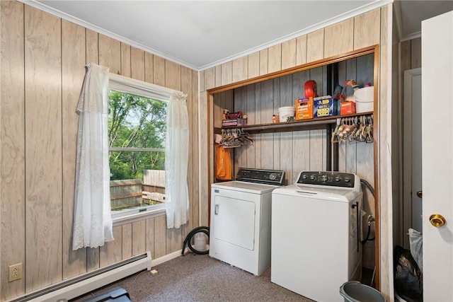 119 Taylor Rd, Quemahoning Twp, PA 15541 - washroom featuring baseboard heating, washing machine and dryer, crown molding, wood walls, and carpet