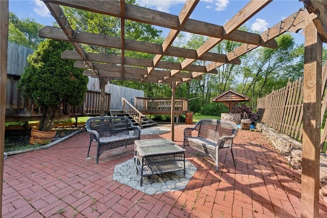 119 Taylor Rd, Quemahoning Twp, PA 15541 - fenced backyard with a pergola, an outdoor living space, a deck, and a patio area