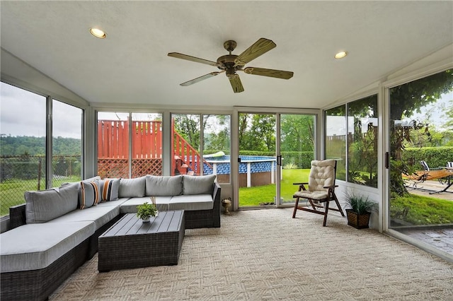 1304 Greenhill Road Ext, Shaler, PA 15209 - sunroom / solarium featuring plenty of natural light, outdoor lounge area, a ceiling fan, and lofted ceiling