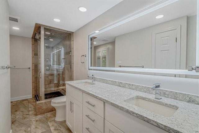 38 Easton Rd, Fox Chapel, PA 15238 - bathroom featuring a stall shower, double vanity, marble finish flooring, and recessed lighting