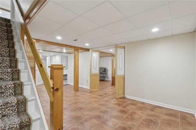 38 Easton Rd, Fox Chapel, PA 15238 - finished basement featuring stairs, a paneled ceiling, and recessed lighting
