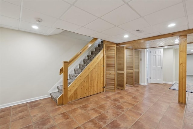 38 Easton Rd, Fox Chapel, PA 15238 - finished basement with stairway, a paneled ceiling, and recessed lighting