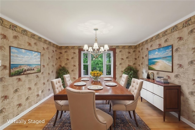 38 Easton Rd, Fox Chapel, PA 15238 - dining room featuring light wood-style flooring, a chandelier, wallpapered walls, and ornamental molding