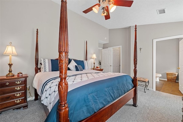 81406 Lost Valley Dr, Adams Twp, PA 16046 - bedroom featuring carpet flooring, vaulted ceiling, ensuite bath, and a ceiling fan