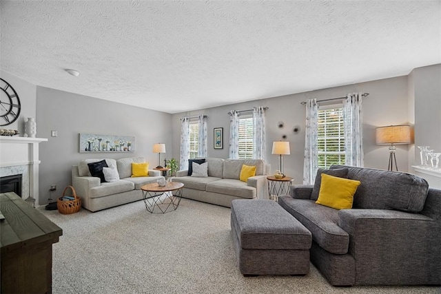 81406 Lost Valley Dr, Adams Twp, PA 16046 - living room with plenty of natural light, a high end fireplace, a textured ceiling, and carpet flooring
