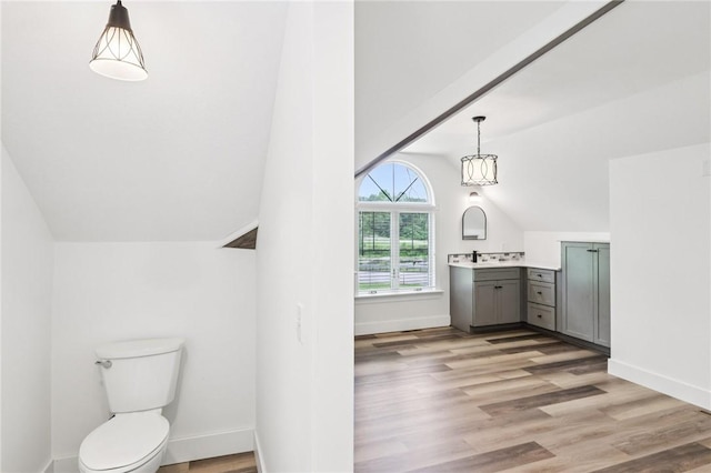 3442 Mercer Rd, Neshannock Twp, PA 16105 - bathroom featuring lofted ceiling, vanity, and wood finished floors