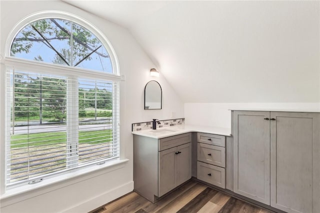 3442 Mercer Rd, Neshannock Twp, PA 16105 - bathroom featuring lofted ceiling, wood finished floors, and vanity