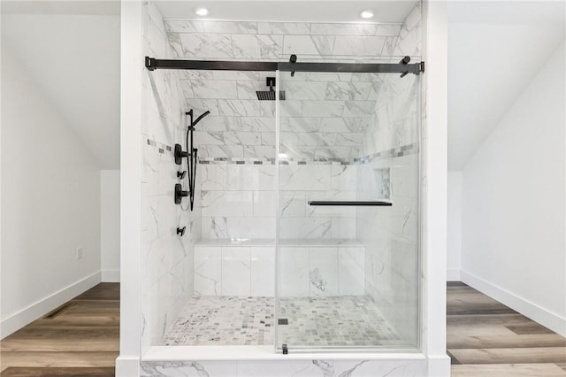 3442 Mercer Rd, Neshannock Twp, PA 16105 - bathroom with a marble finish shower, recessed lighting, and wood finished floors