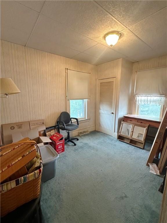 566 4th St, City Of But Ne, PA 16001 - living area featuring carpet floors, a paneled ceiling, and wooden walls