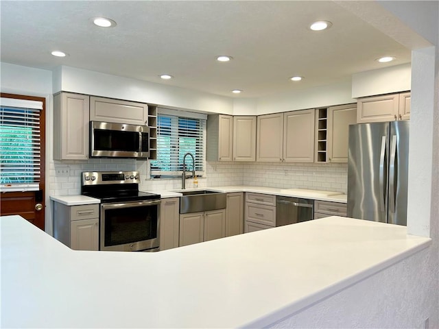 622 Fuhrman Ln, Buffalo Twp But, PA 16229 - kitchen featuring stainless steel appliances, open shelves, gray cabinetry, and recessed lighting