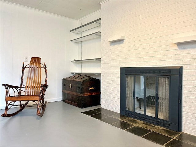 622 Fuhrman Ln, Buffalo Twp But, PA 16229 - detailed view of crown molding, a glass covered fireplace, and concrete flooring