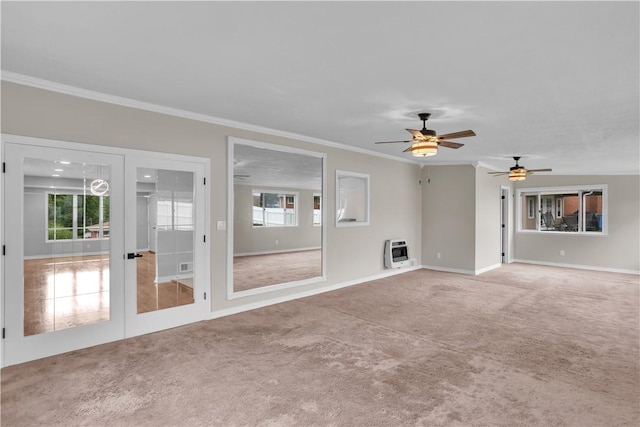 354 Ryan Dr, Pittsburgh, PA 15220 - unfurnished living room with heating unit, ornamental molding, carpet, and ceiling fan