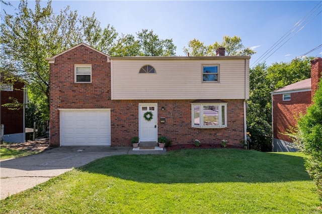 1492 Prospect Rd, Baldwin Boro, PA 15227 - view of front of house with a garage, concrete driveway, a front yard, a chimney, and brick siding