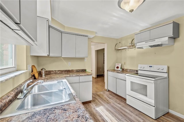 1492 Prospect Rd, Baldwin Boro, PA 15227 - kitchen featuring electric stove, under cabinet range hood, and light wood finished floors