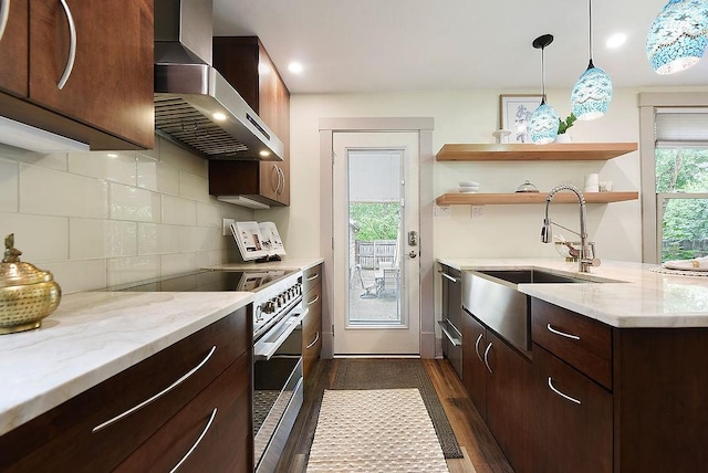 206 Lincoln Ave, Edgewood, PA 15218 - kitchen with wall chimney range hood, high end range, dark wood-type flooring, open shelves, and dark brown cabinets