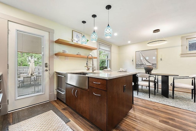 206 Lincoln Ave, Edgewood, PA 15218 - kitchen featuring dark wood finished floors, dark brown cabinetry, open shelves, pendant lighting, and recessed lighting