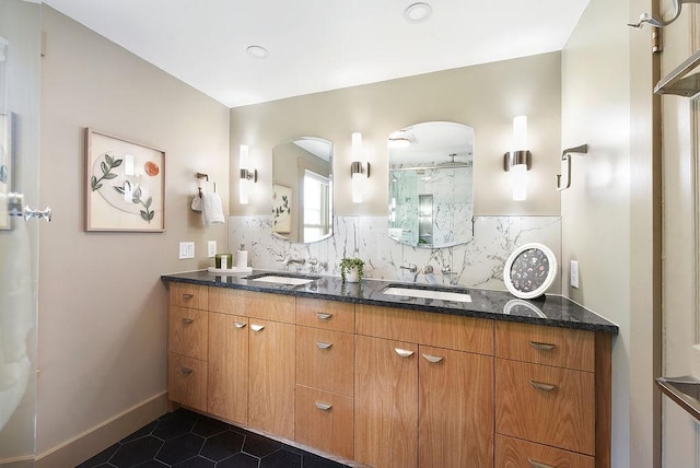 206 Lincoln Ave, Edgewood, PA 15218 - bathroom featuring double vanity, tile patterned flooring, tasteful backsplash, and a shower