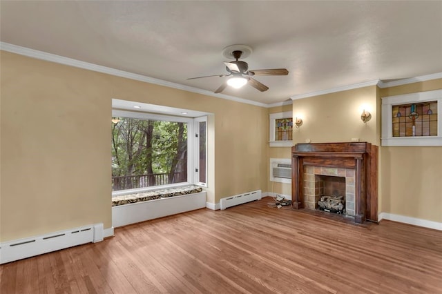 5256 Beeler St, Squirrel Hill, PA 15217 - unfurnished living room with a baseboard radiator, a tile fireplace, wood finished floors, ceiling fan, and crown molding