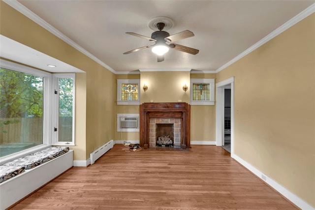 5256 Beeler St, Squirrel Hill, PA 15217 - unfurnished living room with baseboard heating, a tiled fireplace, a ceiling fan, light wood-style flooring, and ornamental molding