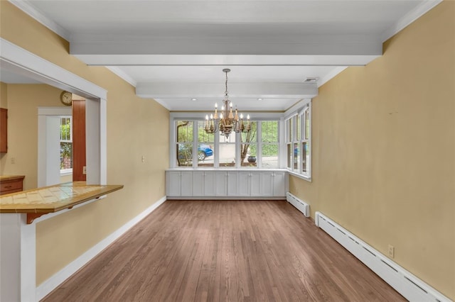 5256 Beeler St, Squirrel Hill, PA 15217 - unfurnished dining area featuring baseboard heating, wood finished floors, beam ceiling, a chandelier, and healthy amount of natural light